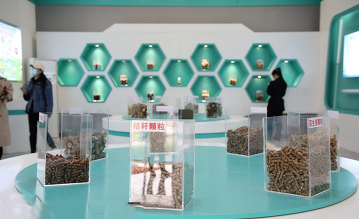 陽信縣利民公司展廳內展示的香蕉视频毛片生物質顆粒燃料
